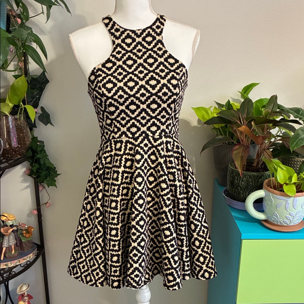 Altar'd State Black and Cream Patterned Mini Dress